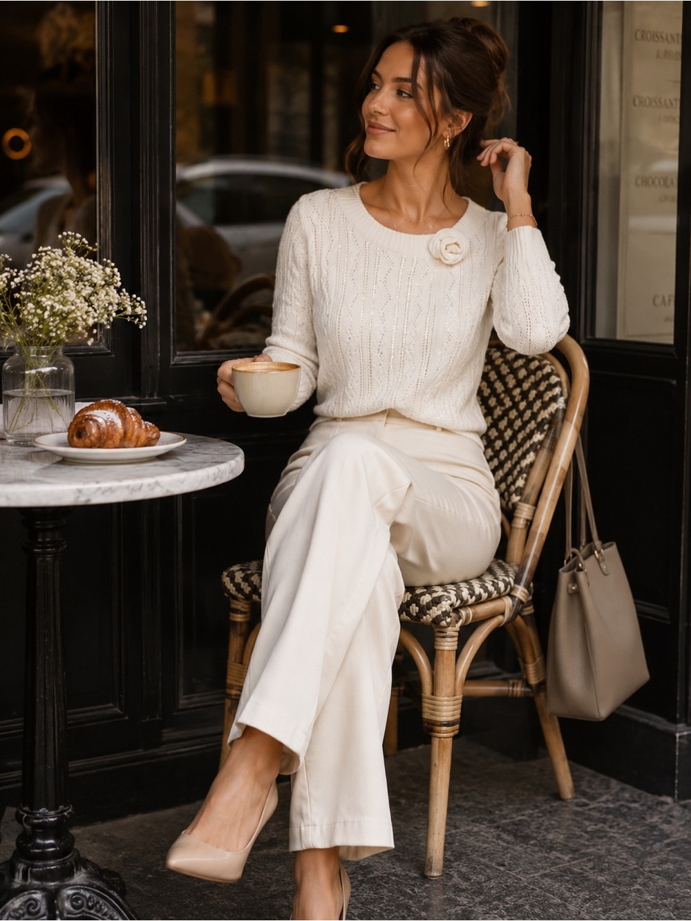 Magaschoni Ivory Sequin Knit Sweater Rosette Detail Luxury Designer Pullover